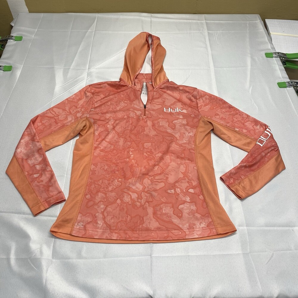 Huk Performance Hoodie Size Large Peach Orange Camo Quarter Zip Fishing Shirt